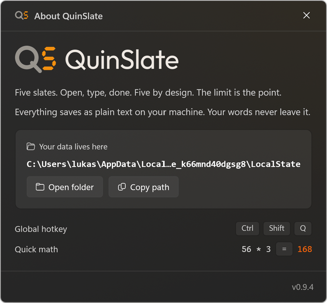 QuinSlate's About window showing where your notes live on disk, with Open folder and Copy path buttons.