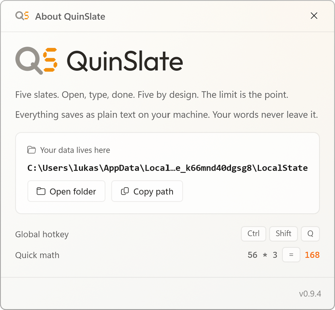 QuinSlate's About window showing where your notes live on disk, with Open folder and Copy path buttons.