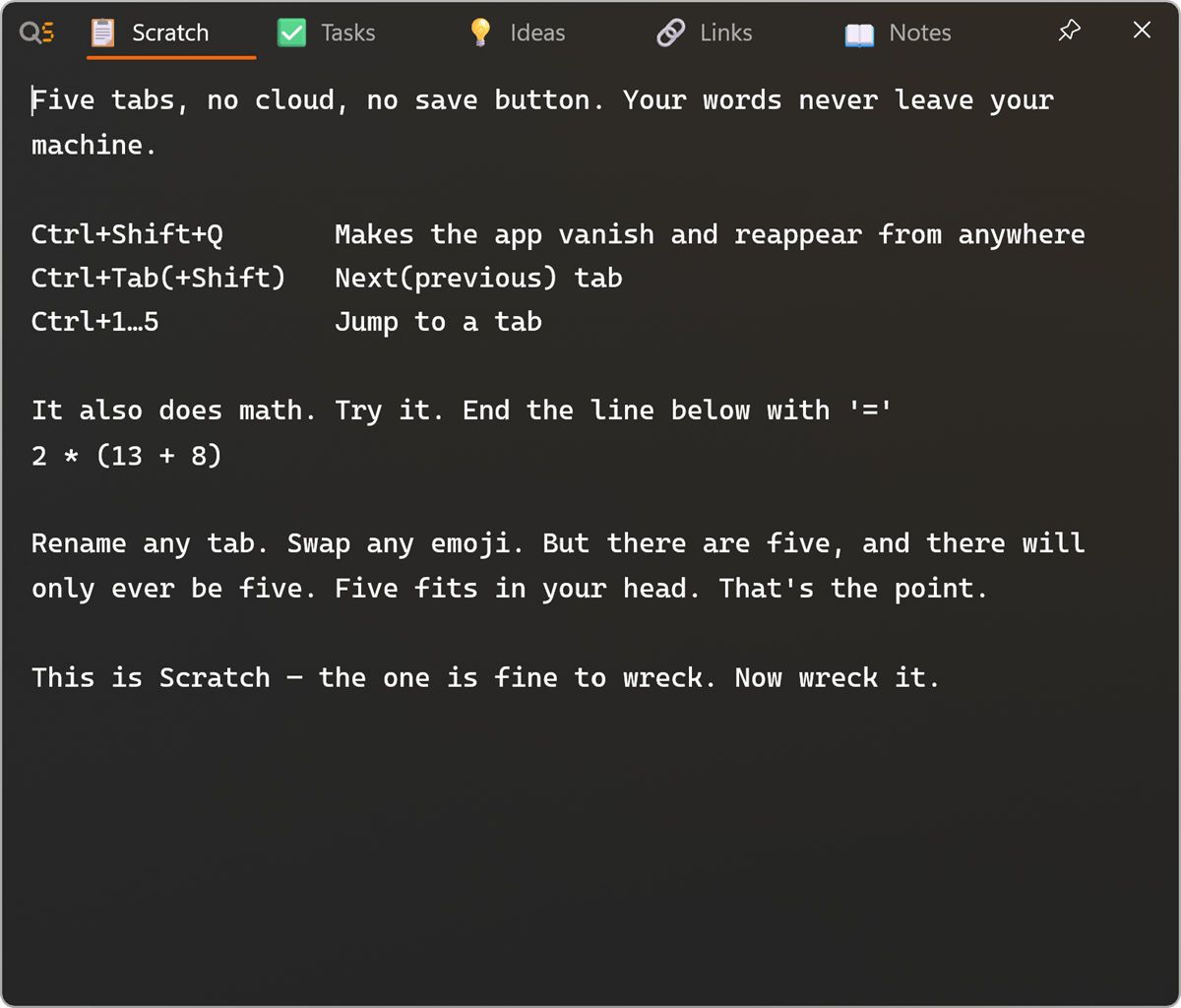 The QuinSlate Scratch tab: five named tabs across the title bar above a full-height plain-text note.
