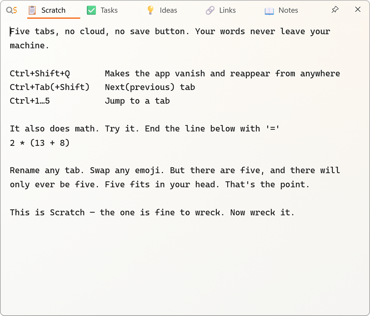 The QuinSlate Scratch tab: five named tabs across the title bar above a full-height plain-text note.
