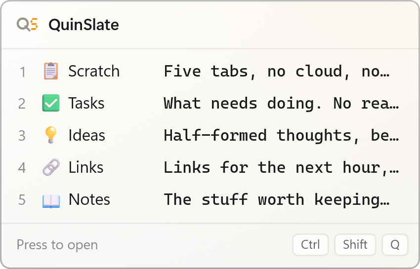 QuinSlate's tray hover-peek popup showing the first line of all five slates.